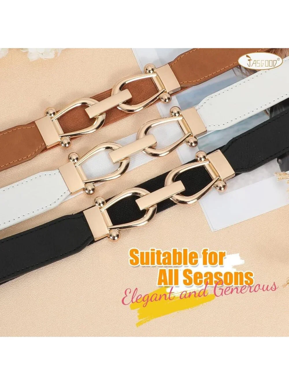 Women's Black Brown White Retro Elastic Stretch Belt 3-Pcs With Gold Buckle